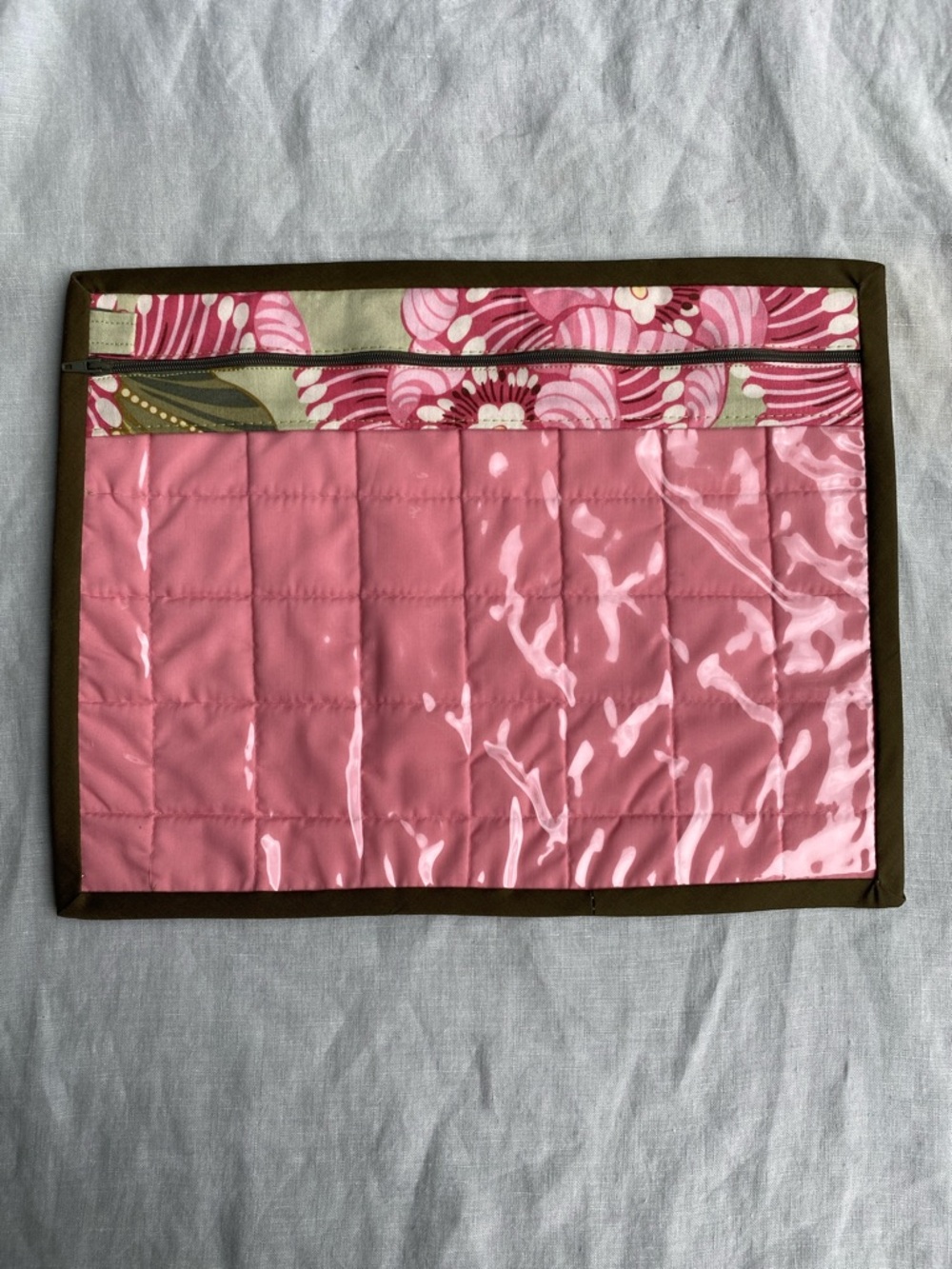 Handmade 14” x 11” floral Amy Butler fabric cross stitch vinyl front project bag